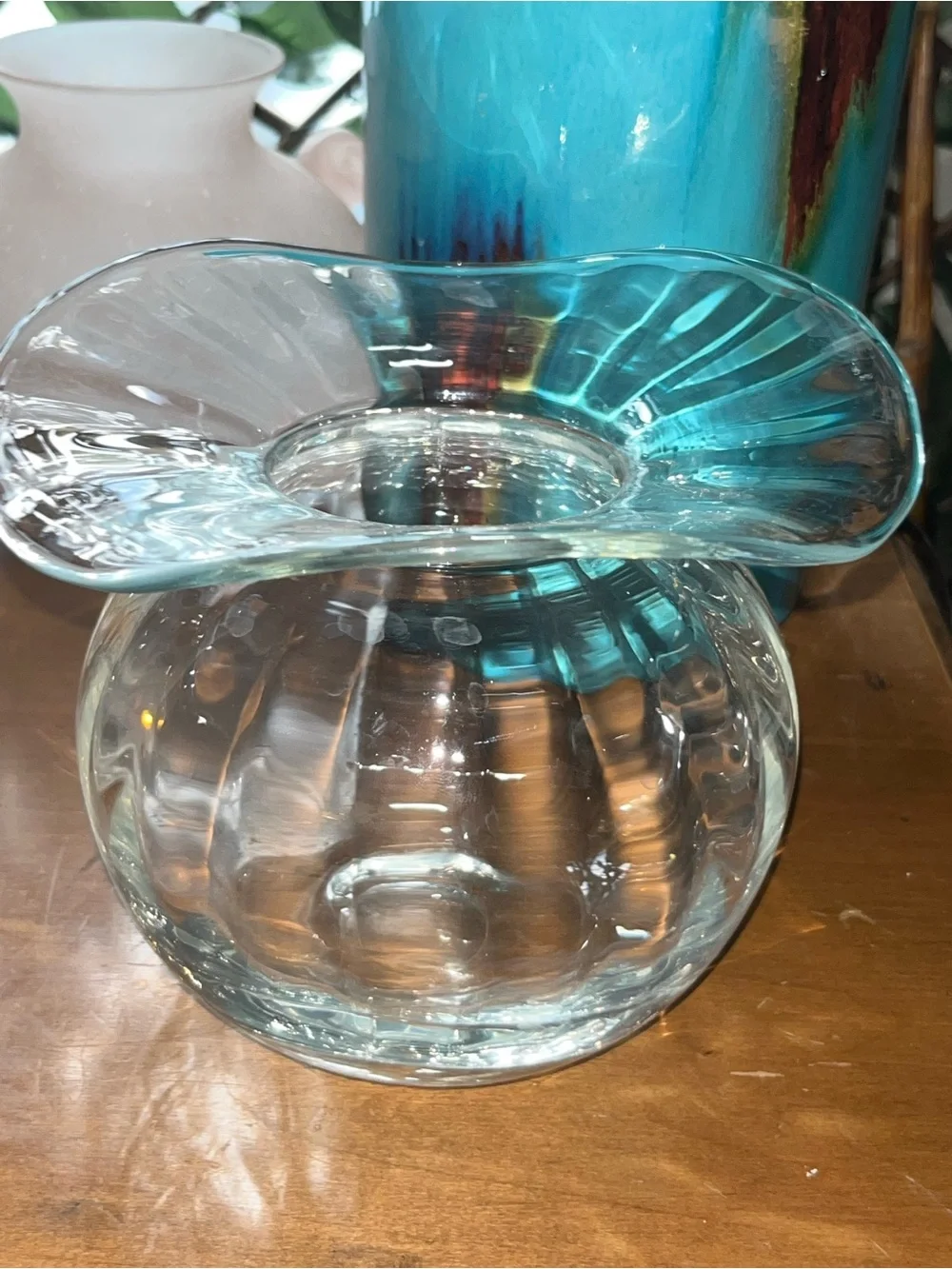 Vintage Mid-Century Modern Clear Paneled Swung Glass Vase MCM Stretch Art Glass